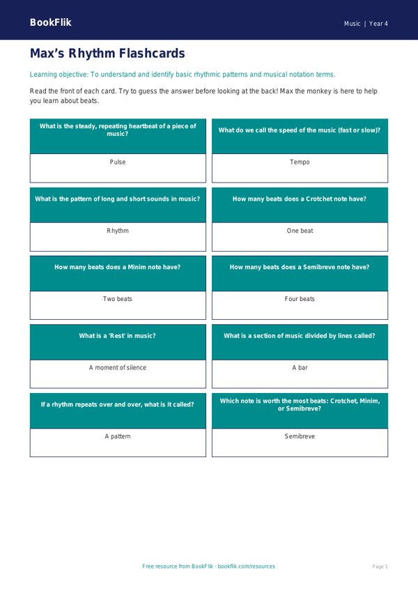 Free Rhythm Flashcards | Year 4 Supported | BookFlik worksheet preview — Music Rhythm