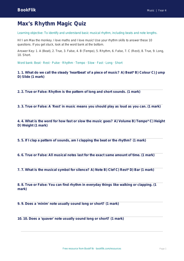 Free Rhythm Quiz | Year 4 Supported | BookFlik worksheet preview — Music Rhythm