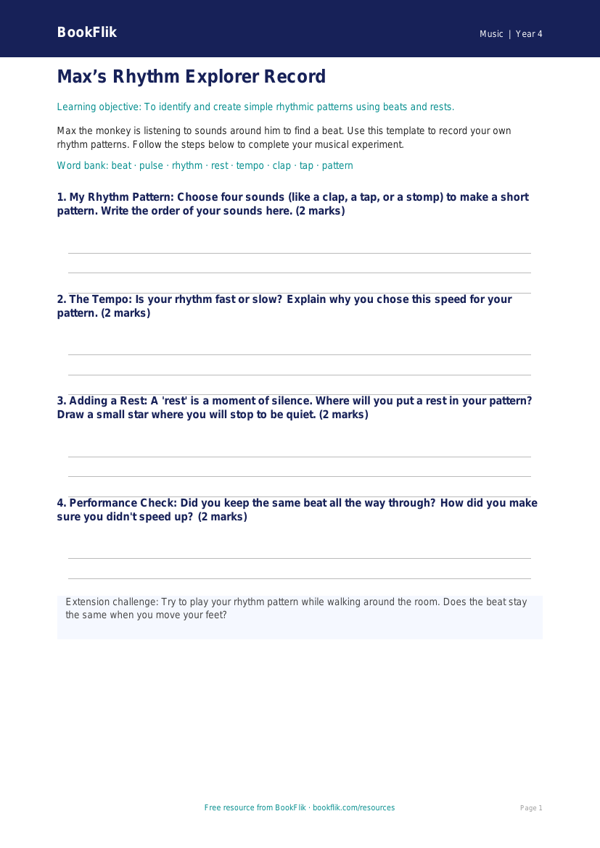 Free Rhythm Template | Year 4 Supported | BookFlik worksheet preview — Music Rhythm