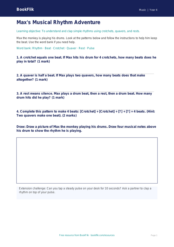 Free Rhythm Worksheet | Year 4 Supported | BookFlik worksheet preview — Music Rhythm