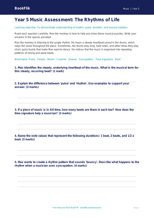 Free Rhythm Assessment | Year 5 Core | BookFlik worksheet preview — Music Rhythm