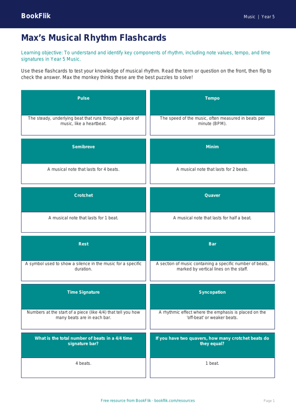Free Rhythm Flashcards | Year 5 Core | BookFlik worksheet preview — Music Rhythm