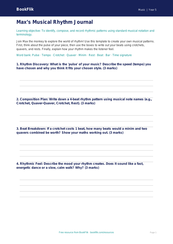 Free Rhythm Template | Year 5 Core | BookFlik worksheet preview — Music Rhythm