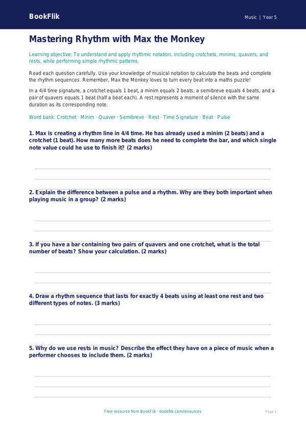 Free Rhythm Worksheet | Year 5 Core | BookFlik worksheet preview — Music Rhythm