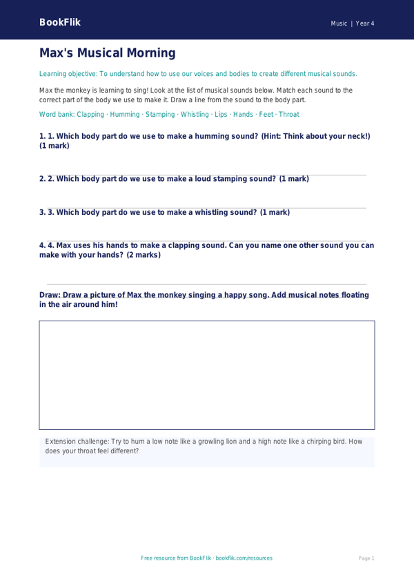 Free Singing Activity Sheet | Year 4 Supported | BookFlik worksheet preview — Music Singing
