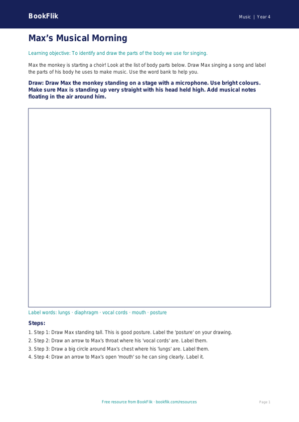 Free Singing Drawing Sheet | Year 4 Supported | BookFlik worksheet preview — Music Singing