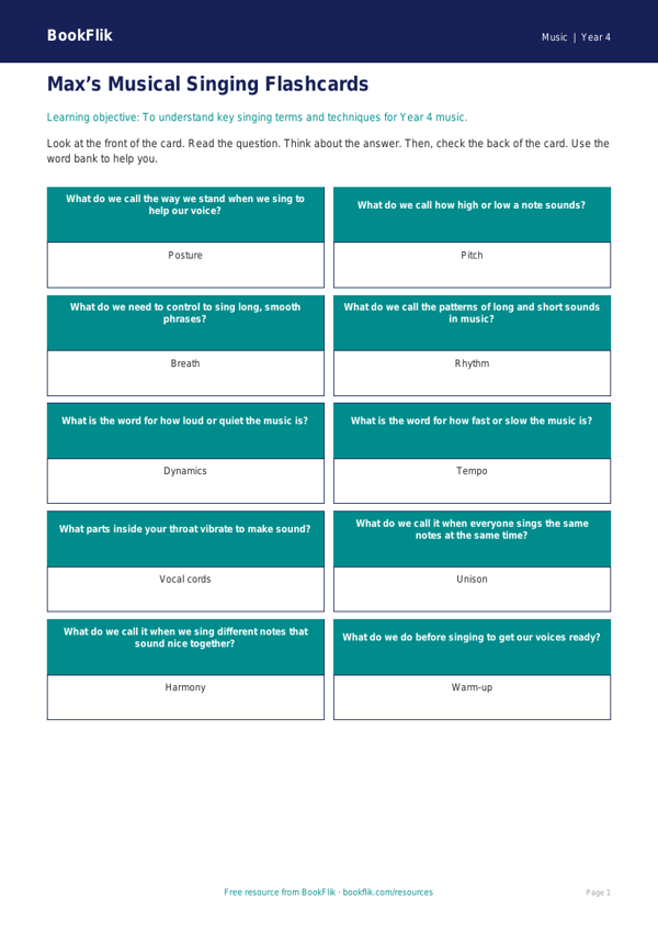 Free Singing Flashcards | Year 4 Supported | BookFlik worksheet preview — Music Singing