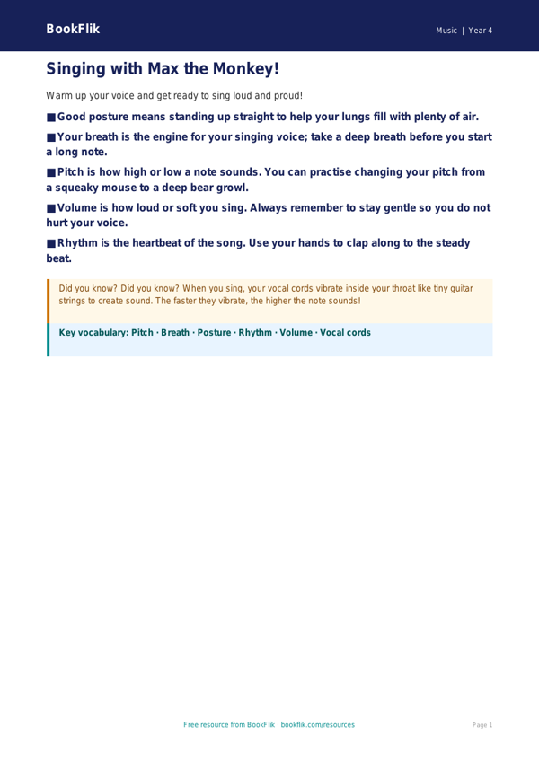 Free Singing Poster | Year 4 Supported | BookFlik worksheet preview — Music Singing