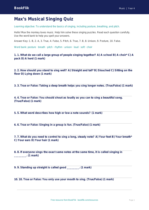 Free Singing Quiz | Year 4 Supported | BookFlik worksheet preview — Music Singing