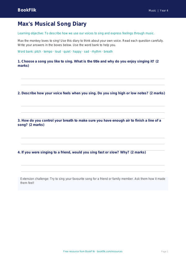 Free Singing Template | Year 4 Supported | BookFlik worksheet preview — Music Singing