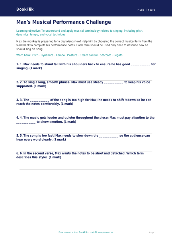 Free Singing Activity Sheet | Year 5 Core | BookFlik worksheet preview — Music Singing