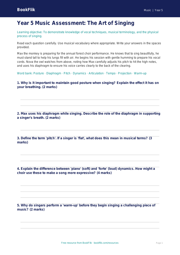 Free Singing Assessment | Year 5 Core | BookFlik worksheet preview — Music Singing