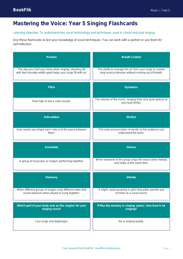 Free Singing Flashcards | Year 5 Core | BookFlik worksheet preview — Music Singing