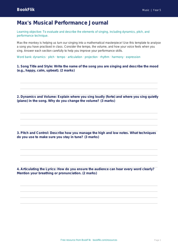 Free Singing Template | Year 5 Core | BookFlik worksheet preview — Music Singing