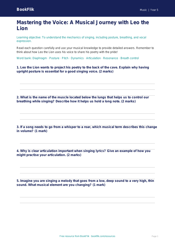 Free Singing Worksheet | Year 5 Core | BookFlik worksheet preview — Music Singing