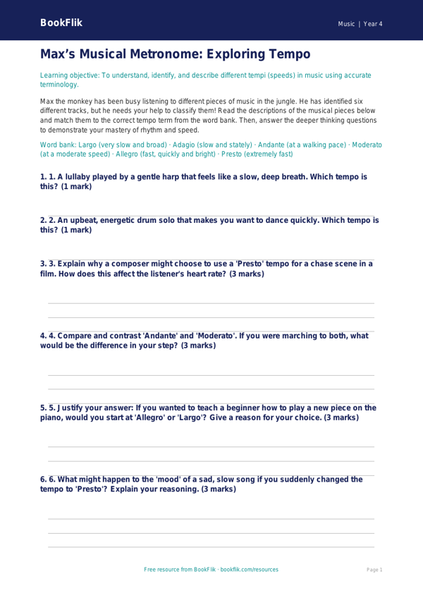 Free Tempo Activity Sheet | Year 4 Greater Depth | BookFlik worksheet preview — Music Tempo