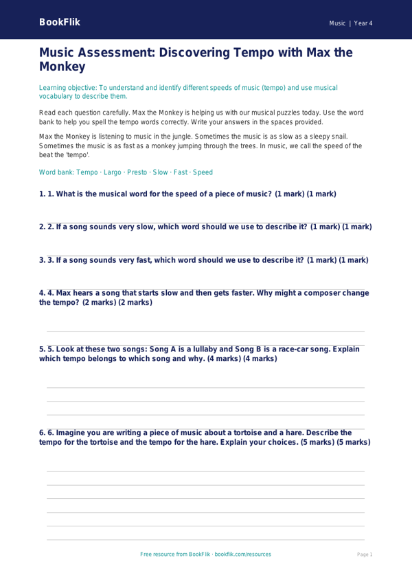 Free Tempo Assessment | Year 4 Supported | BookFlik worksheet preview — Music Tempo