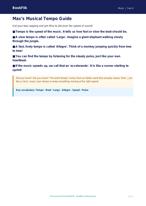 Free Tempo Poster | Year 4 Supported | BookFlik worksheet preview — Music Tempo