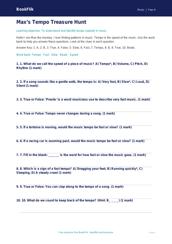 Free Tempo Quiz | Year 4 Supported | BookFlik worksheet preview — Music Tempo