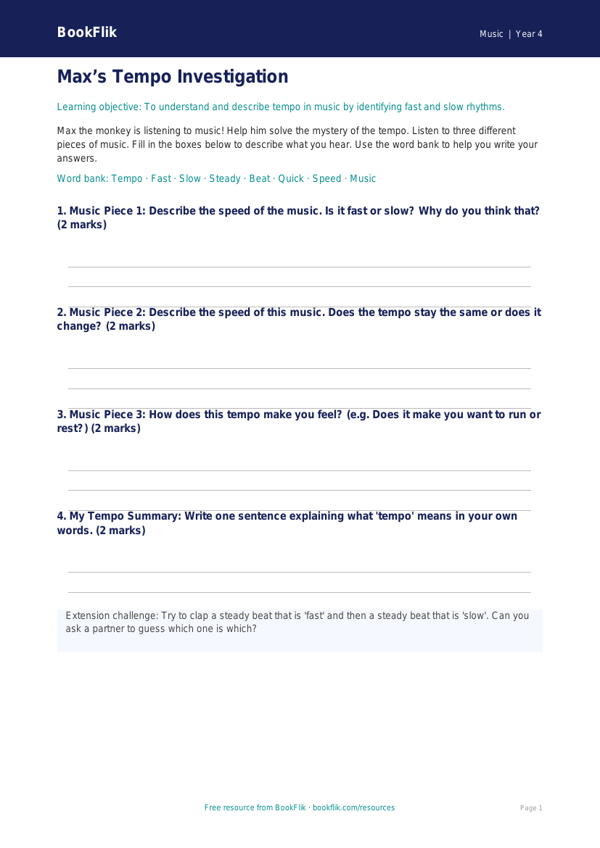Free Tempo Template | Year 4 Supported | BookFlik worksheet preview — Music Tempo