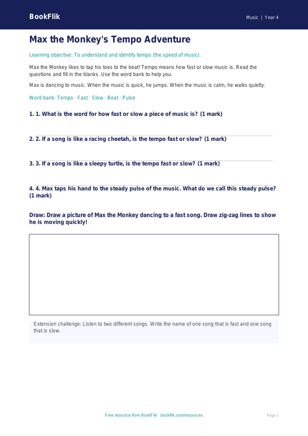 Free Tempo Worksheet | Year 4 Music Theory | BookFlik worksheet preview — Music Tempo