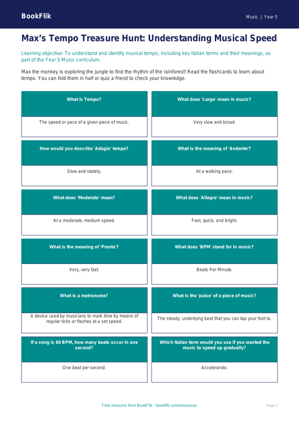 Free Tempo Flashcards | Year 5 Core | BookFlik worksheet preview — Music Tempo