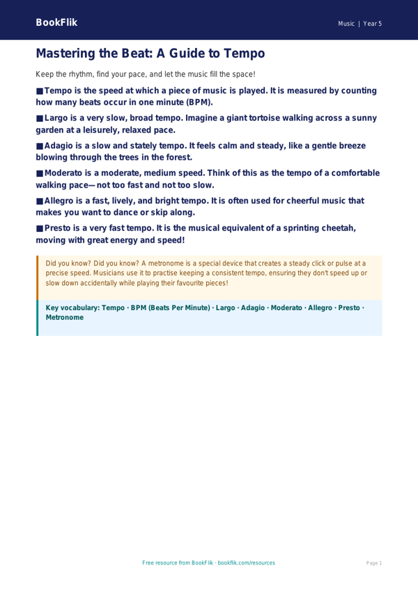 Free Tempo Poster | Year 5 Music Education | BookFlik worksheet preview — Music Tempo