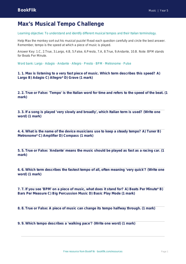 Free Tempo Quiz | Year 5 Core | BookFlik worksheet preview — Music Tempo