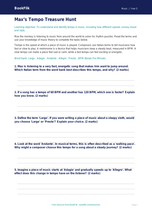 Free Tempo Worksheet | Year 5 Music Theory | BookFlik worksheet preview — Music Tempo