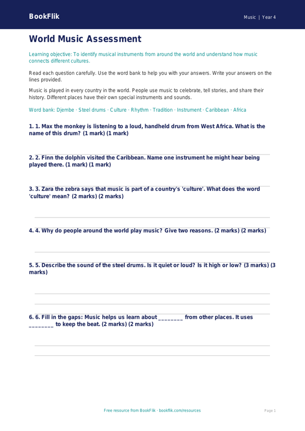 Free World Music Assessment | Year 4 Supported | BookFlik worksheet preview — Music World Music