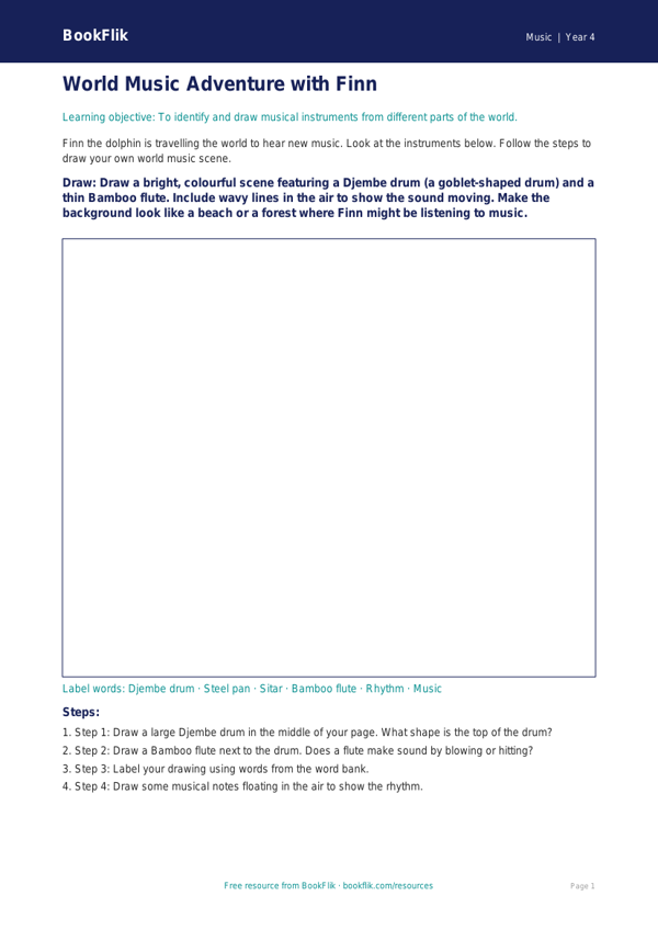 Free World Music Drawing Sheet | Year 4 Supported | BookFlik worksheet preview — Music World Music