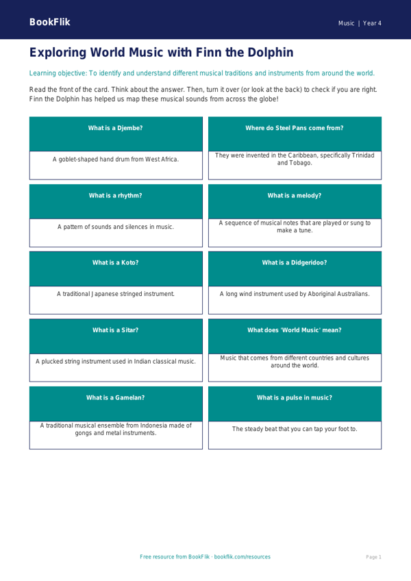 Free World Music Flashcards | Year 4 Supported | BookFlik worksheet preview — Music World Music