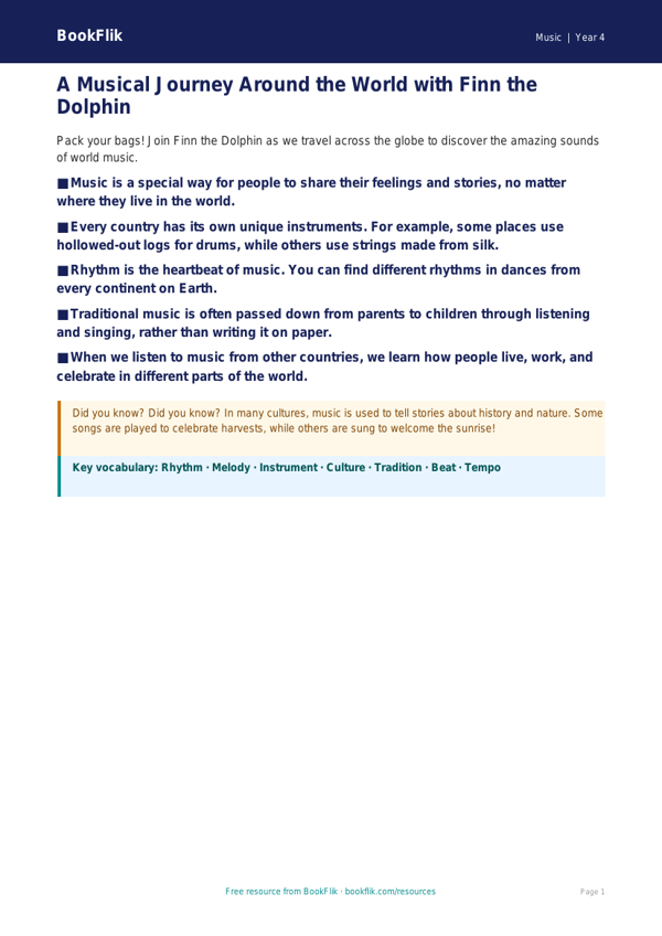 Free World Music Poster | Year 4 Supported | BookFlik worksheet preview — Music World Music