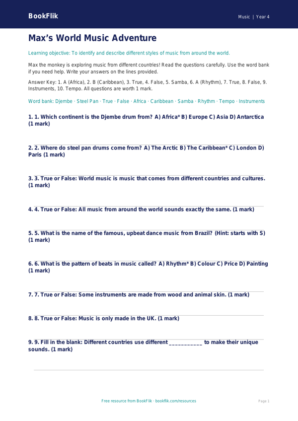 Free World Music Quiz | Year 4 Supported | BookFlik worksheet preview — Music World Music