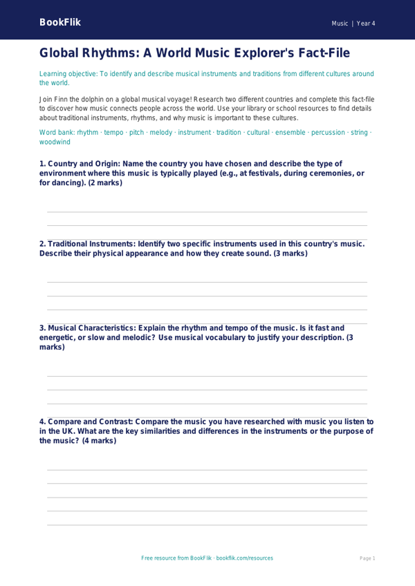 Free World Music Template | Year 4 Greater Depth | BookFlik worksheet preview — Music World Music