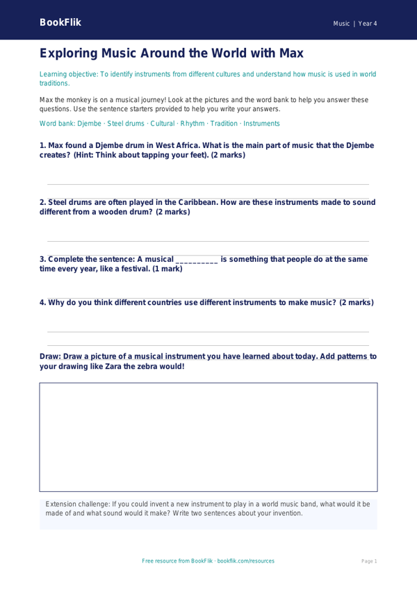 Free World Music Worksheet | Year 4 Supported | BookFlik worksheet preview — Music World Music