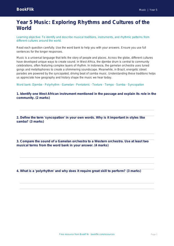Free World Music Assessment | Year 5 Core | BookFlik worksheet preview — Music World Music