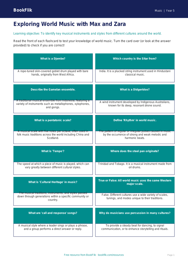 Free World Music Flashcards | Year 5 Core | BookFlik worksheet preview — Music World Music