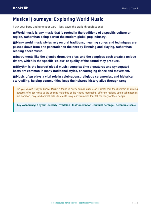 Free World Music Poster | Year 5 Core | BookFlik worksheet preview — Music World Music