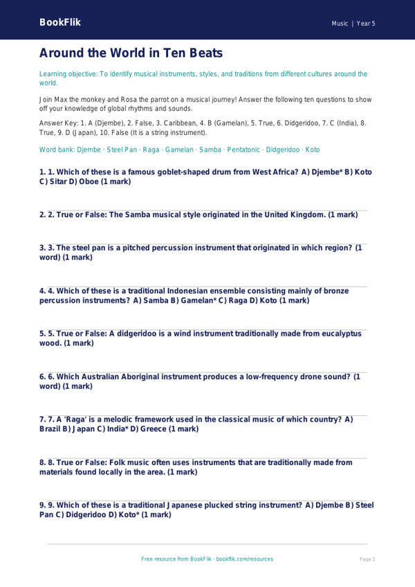 Free World Music Quiz | Year 5 Core | BookFlik worksheet preview — Music World Music