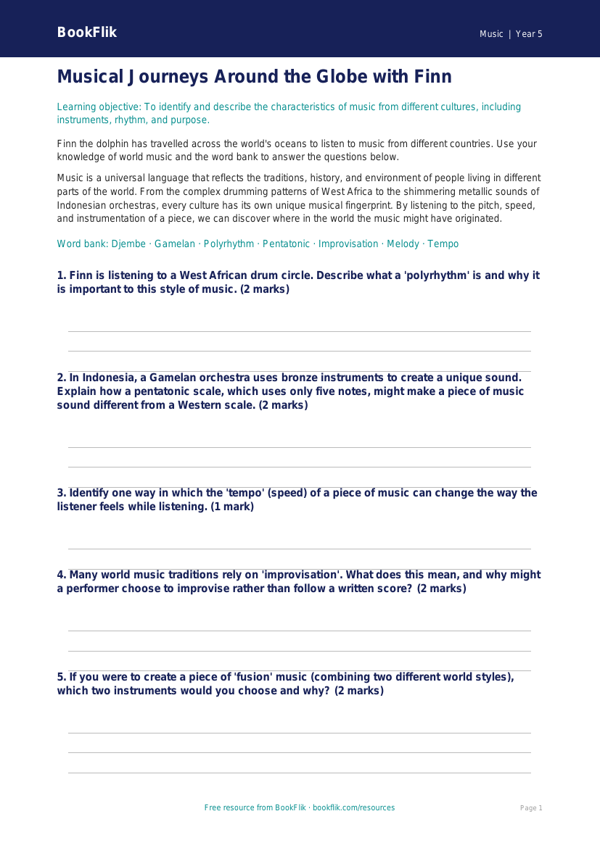 Free World Music Worksheet | Year 5 Core | BookFlik worksheet preview — Music World Music