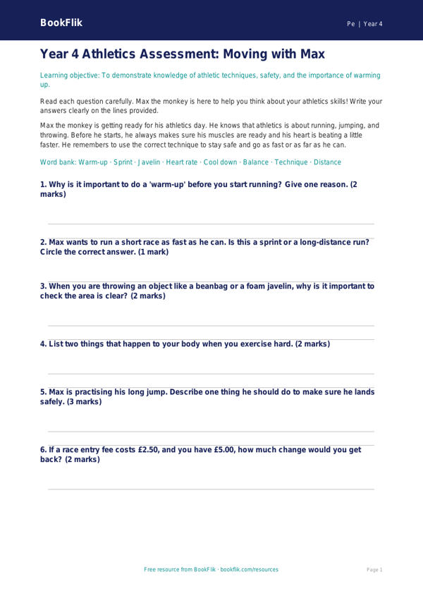 Free Athletics Assessment | Year 4 Supported | BookFlik worksheet preview — Pe Athletics