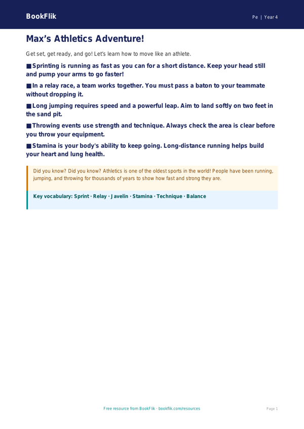 Free Athletics Poster | Year 4 Supported | BookFlik worksheet preview — Pe Athletics