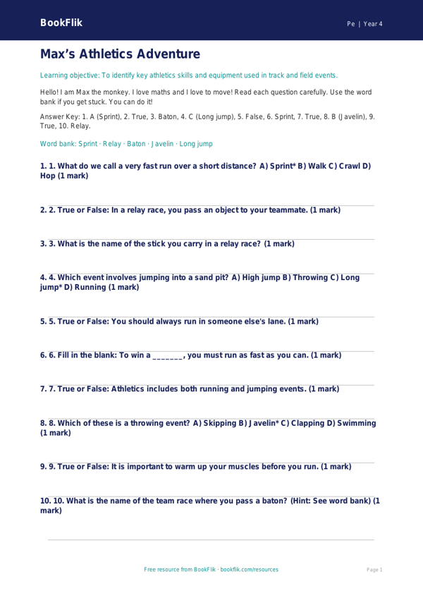 Free Athletics Quiz | Year 4 Supported | BookFlik worksheet preview — Pe Athletics