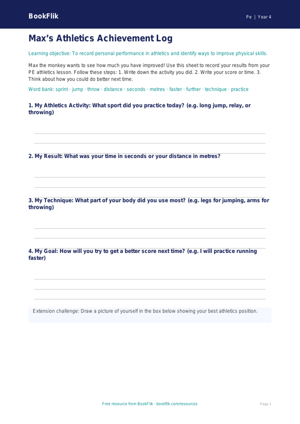 Free Athletics Template | Year 4 Supported | BookFlik worksheet preview — Pe Athletics