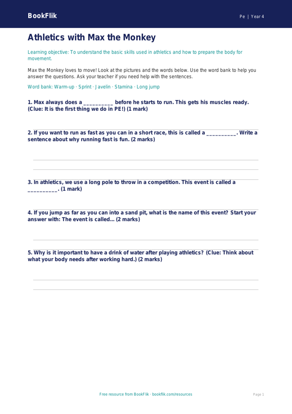 Free Athletics Worksheet | Year 4 Supported | BookFlik worksheet preview — Pe Athletics