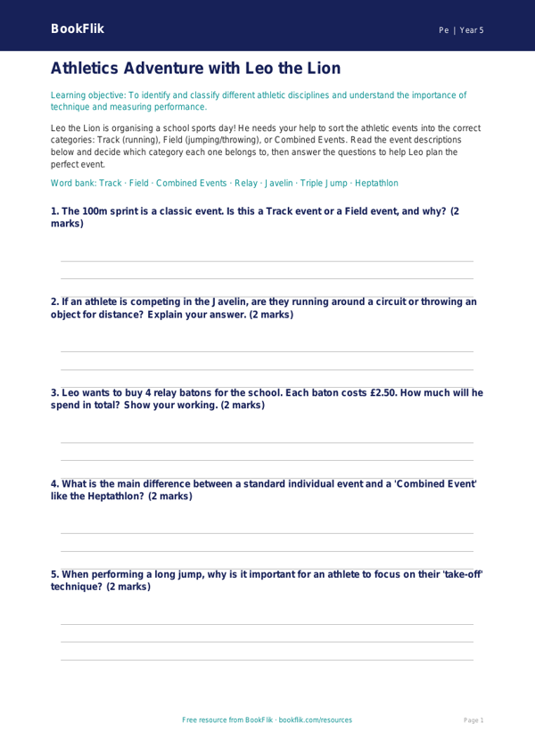 Free Athletics Activity Sheet | Year 5 Core | BookFlik worksheet preview — Pe Athletics