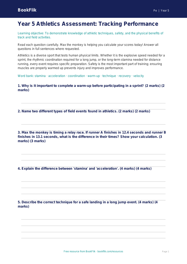 Free Athletics Assessment | Year 5 Core | BookFlik worksheet preview — Pe Athletics