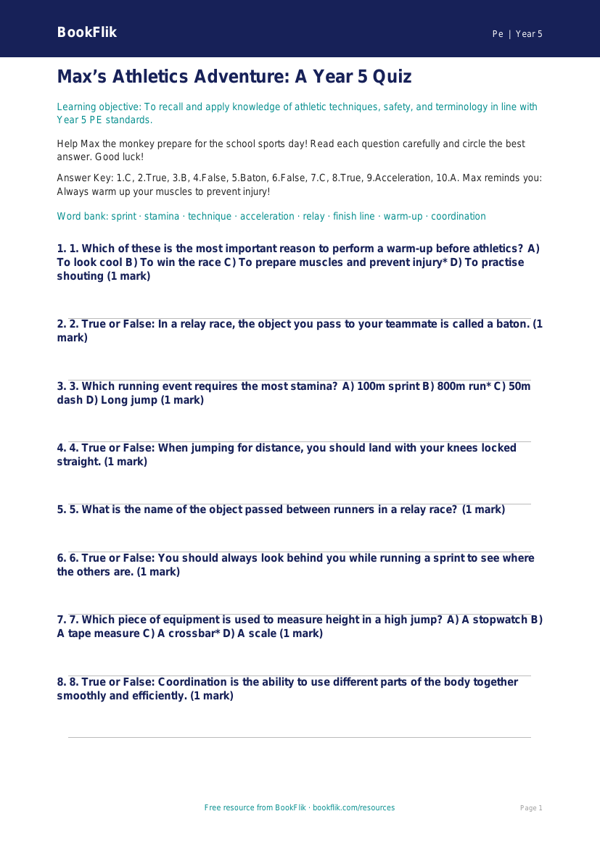 Free Athletics Quiz | Year 5 Core | BookFlik worksheet preview — Pe Athletics