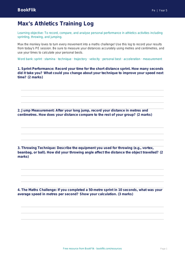 Free Athletics Template | Year 5 Core | BookFlik worksheet preview — Pe Athletics